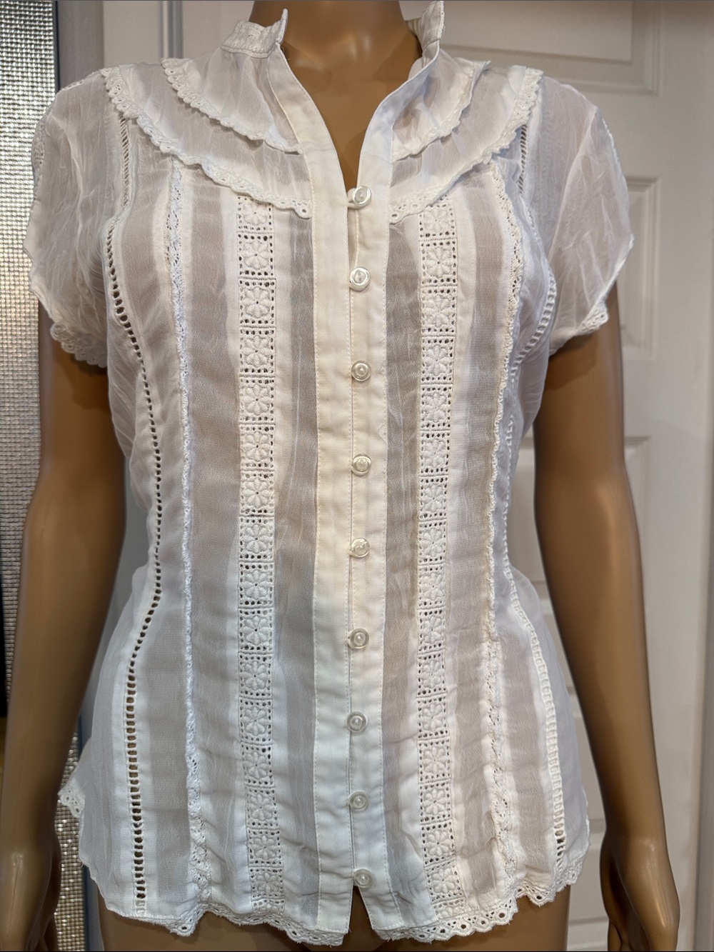NY Collection White Ruffled Eyelet Button-Front Blouse - Picture 2 of 16